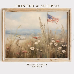 Vintage American Flag Art Decor, Patriotic Flag with Wildflower Printed and Shipped Art, Colorful Neutral Wall Art Antique Farmhouse Decor