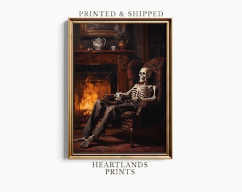 Halloween Skeleton Art Print, Halloween Wall Art for Dark Academia Halloween Decor, Skeleton relaxing next to a fireplace gothic painting