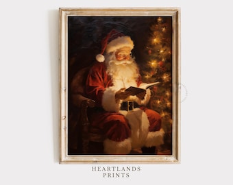 Santa Claus Christmas art Printable Wall Art, Winter Wall Art, Santa checking his Christmas list Print Holiday Decor, Dark Academia Decor