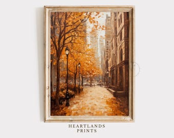 Chicago Sidewalk Fall Art Print, Autumn Wall Art Holiday Decor, Fall Chicago City Printable, Vintage City Digital Chicago Poster Painting