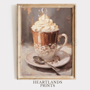 May include: A painting of a cup of hot chocolate with whipped cream and a spoon on a saucer. The cup is decorated with a floral pattern and the background is a muted brown color.