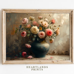 May include: A vintage-style painting of a bouquet of pink, white, and red roses in a blue vase. The roses are arranged in a vase with a dark blue background. The painting is framed in a light wood frame.