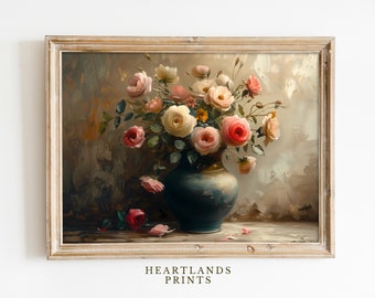 Printable Antique Oil Painting of Spring Floral Still Life Print - Vintage peonies bouquet or pink rose art, affordable art Springtime Decor