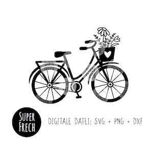 Blumenfahrrad vintage, Plotterdatei Fahrrad mit Blumenkorb , SVG + PNG + DXF, Wildblume, Design für T-Shirt und Pullover, Frühling