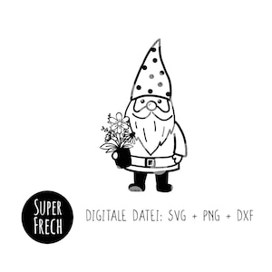 Gnom, Gartenzwerg Plotterdatei, SVG + PNG + DXF, Zwerg, Design für Shirts, Pullover und Dekoration, Blumentopf, Garten, Handlettering,