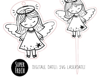 Ángel con lima láser, ángel navideño, archivo cortado con láser navideño, ángel guardián, SVG, colgante, broche de flor, ángel con estrella