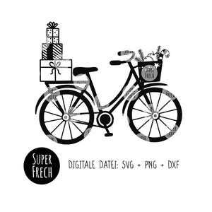 May include: Black and white illustration of a bicycle carrying gifts and holiday decorations. The bicycle has a basket filled with ornaments and candy canes. The image includes the text "SUPER FRECH" and "DIGITALE DATEI: SVG + PNG + DXF".