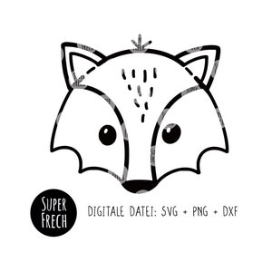May include: Black and white line art illustration of a fox's face with a simple, cartoon-like style. The fox has large, round eyes and a small, pointed nose. The illustration is suitable for use in children's books, crafts, or digital designs.