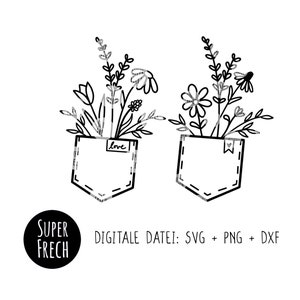 Bundle: Wildblumen in Tasche, Blumen Plotterdatei, SVG + PNG + DXF, Brusttasche mit Blüten, Blumentasche, Design für T-Shirt und Pullover,
