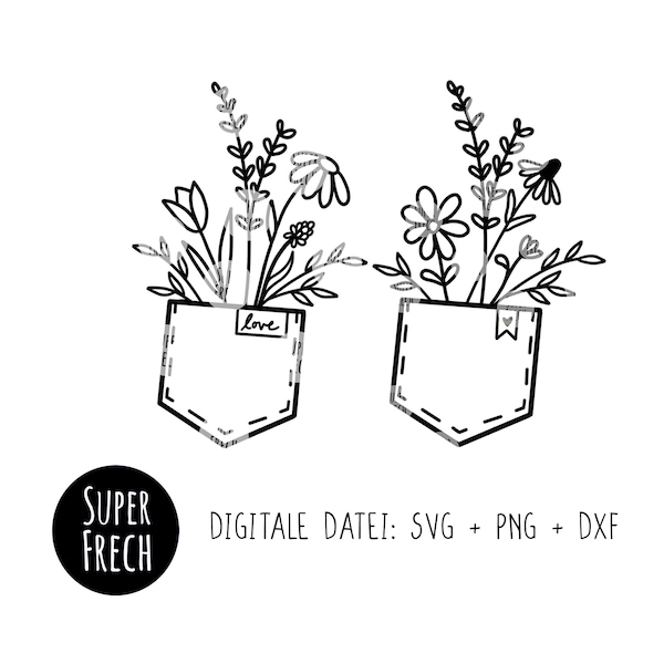 Bundle: Wildblumen in Tasche, Blumen Plotterdatei, SVG + PNG + DXF, Brusttasche mit Blüten, Blumentasche, Design für T-Shirt und Pullover,