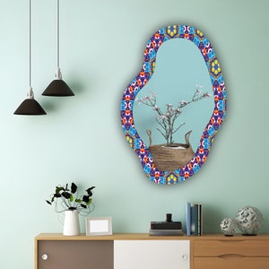 Asymmetric Tempered Glass Wall Mirror Irregular Cloud Shape Wavy l Glass Frame Bathroom Living Room Colorful Pattern Stylish Design Mirror