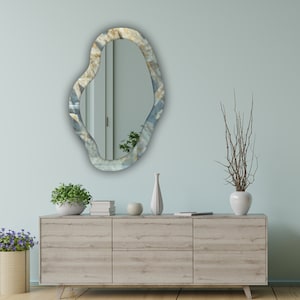 Asymmetric Tempered Glass Wall Mirror Irregular Cloud Shape Wavy l Glass Frame Bathroom Living Room Colorful Pattern Stylish Design Mirror