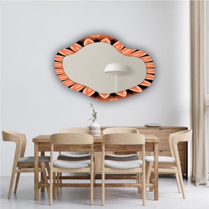 Tempered Glass Framed Wall Mirror l Cloud Shaped Orange Colored Asymmetric Irregular Wavy Mirror l  Bathroom Entryway Stylish Design Mirror
