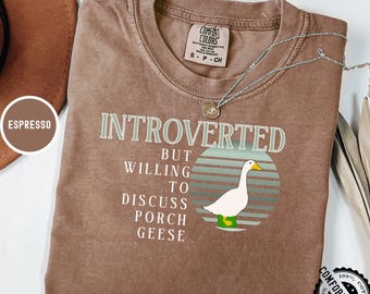 Könnte beinhalten: Espressofarbenes Comfort Colors T-Shirt mit dem Text "INTROVERTED BUT WILLING TO DISCUSS PORCH GEESE" und einer Grafik einer weißen Gans. Eine silberne Halskette mit Anhänger liegt über dem Shirt.