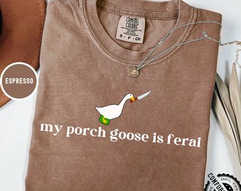 Könnte beinhalten: Ein braunes T-Shirt mit dem Text "my porch goose is feral" in Weiß. Über dem Text befindet sich eine weiße Gans mit grünem Hals und einem Messer im Schnabel. Das Shirt hat ein braunes Etikett mit dem Text "COMFORT COLORS" in Weiß.