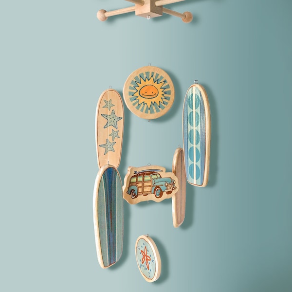 BABY CRIB MOBILE - Wooden Surfboard Nursery Mobile - Beautiful Mobile for a Nautical, Beach or Surf Themed Baby Room