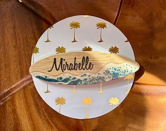 Surfboard Name Place Cards, Coastal Shore Ocean, Wood Place Tag, Unique Personalized Wedding Favor, Tropical Beach Wedding Table Setting