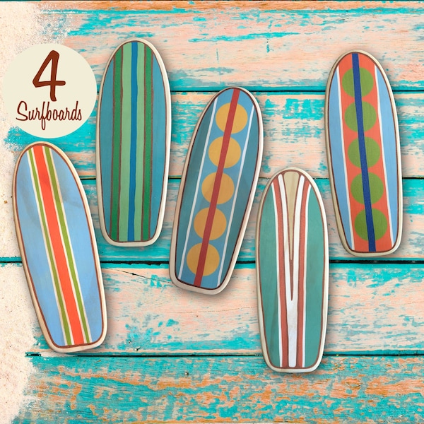 10 Inch Mini Wooden Surfboards Wall Decor Set of Four, Beach and Surf Art, Mini Longboard Wall Hanging, Gender Neutral Colors