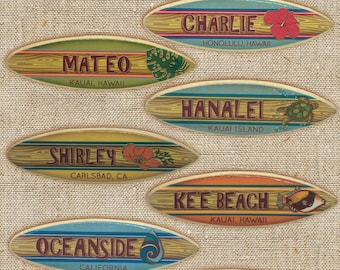 5 Inch Mini Personalized Wooden Surfboard - Add a Name, Surf Spot, Beach, City, or Vacation Destination - Customizable with Your Logo