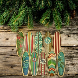 Set of 10 Mini Wooden Surfboard Christmas Tree Ornaments - 5 inches Tall - Boho Colors for Beach Themed Holiday Decor - Surfboard Gift Tags