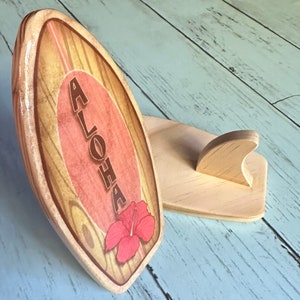 Personalized Mini Wooden Surfboard with Fin to Stand Pink Hawaiian Hibiscus Custom Surf Décor Gift Gift for Beach Lovers and Surfers image 2