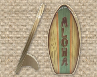 Personalized Mini Wooden Surfboard with Fin to Stand - Retro Surf Stripes - Custom Surf Décor Gift - Gift for Beach Lovers and Surfers