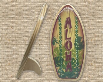 Personalized Mini Wooden Surfboard with Fin to Stand - Green Leaves Botanicals - Custom Surf Décor Gift - Gift for Beach Lovers and Surfers