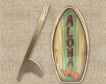 Personalized Mini Wooden Surfboard with Fin to Stand - California Poppy Flower - Custom Surf Décor Gift - Gift for Beach Lovers and Surfers