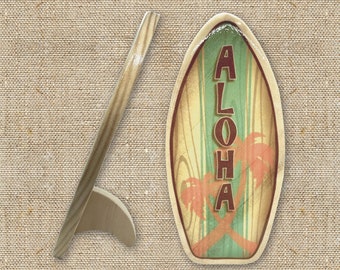 Personalized Mini Wooden Surfboard with Fin to Stand - Tropical Palm Trees - Custom Surf Décor Gift - Beach Surf Themed Gift