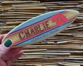 Mini Personalized Wooden Surfboard in Blue with Red Hawaiian Hibiscus Design - Add a name, surf spot, beach, city, or vacation destination