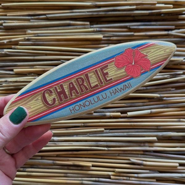 Mini Personalized Wooden Surfboard in Blue with Red Hawaiian Hibiscus Design - Add a name, surf spot, beach, city, or vacation destination