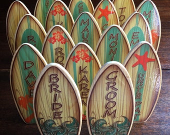 Surfboard Name Place Cards, Mini Wood Surfboard, Stands with Fin, Unique Personalized Wedding Favor, Tropical Beach Wedding Table Setting