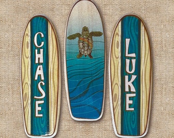 Mini Wooden Longboard Set, 10 Inch Long Teal Surfboards, Green Sea Turtle Art, Personalized Surfboard Wall Decor, Customized Surfer Gift Set