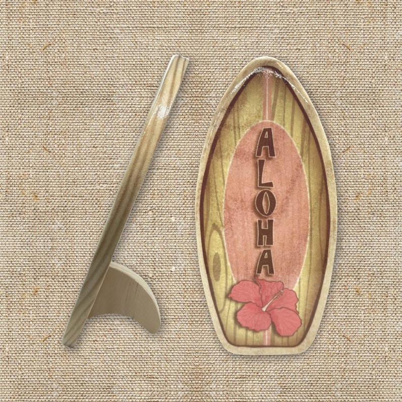 Personalized Mini Wooden Surfboard with Fin to Stand Pink Hawaiian Hibiscus Custom Surf Décor Gift Gift for Beach Lovers and Surfers image 1