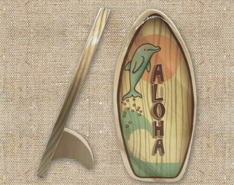 Personalized Mini Wooden Surfboard with Fin to Stand - Happy Leaping Dolphin - Custom Surf Décor Gift - Gift for Beach Lovers and Surfers