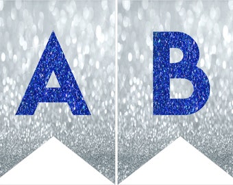 Sofortiger download druckbare digitale Party Wimpelkette, blaue Buchstaben auf silbernem Hintergrund