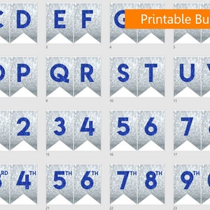 Instant download Printable Digital Party Bunting Banner, Blue Letters on Silver Background image 2