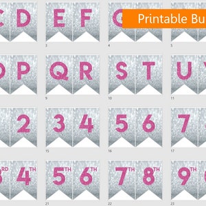 Téléchargement instantané Bannière de fanions de fête numérique imprimable, lettres roses sur fond argenté image 2