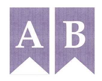 Direct downloaden afdrukbare digitale partij Bunting Banner, witte letters op paarse jute achtergrond