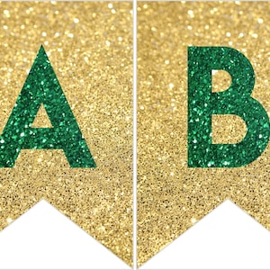 Instant download Printable Digital Party Bunting Banner, Green Letters on Gold Background image 1