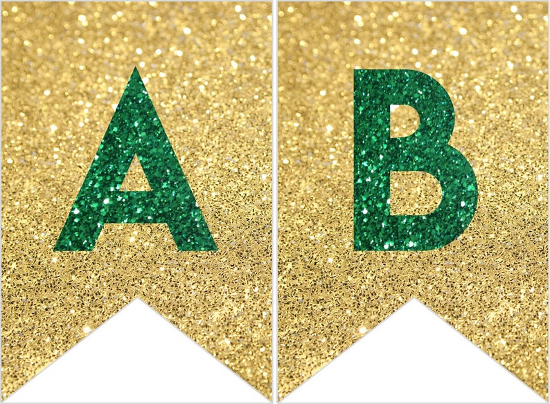 Instant download Printable Digital Party Bunting Banner, Green Letters on Gold Background image 1