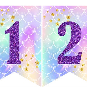 Instant download Printable Digital Party Bunting Banner, Purple Letters on Mermaid Scales Background image 3