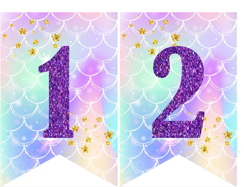 Instant download Printable Digital Party Bunting Banner, Purple Letters on Mermaid Scales Background image 3