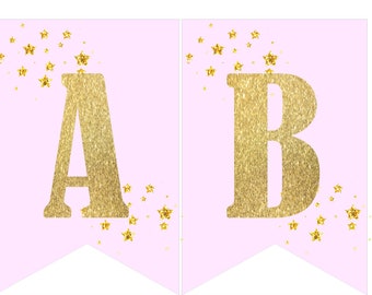 Sofortiger download Druckbare digitale Party Wimpelkette, goldene Buchstaben auf hellrosa Hintergrund mit goldenen Sternen