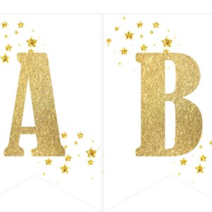 Instant download Printable Digital Party Bunting Banner, Gold Letters on White Background with Gold Stars