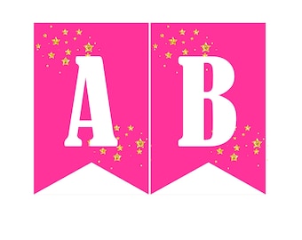 Instant download Printable Digital Party Bunting Banner, White Letters on Pink Background with Gold Stars