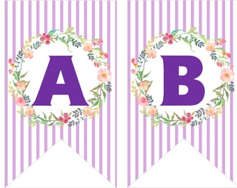 Instant download Printable Digital Party Bunting Banner, Purple Letters on Stripes Background