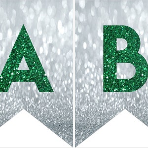 Instant download Printable Digital Party Bunting Banner, Green Letters on Silver Background