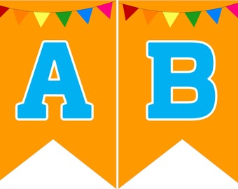 Direct downloaden afdrukbare digitale feestvlaggenlijn, blauwe letters op oranje achtergrond