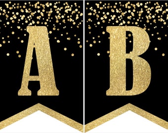 Direct downloaden afdrukbare digitale partij Bunting Banner, gouden letters op gouden confetti achtergrond